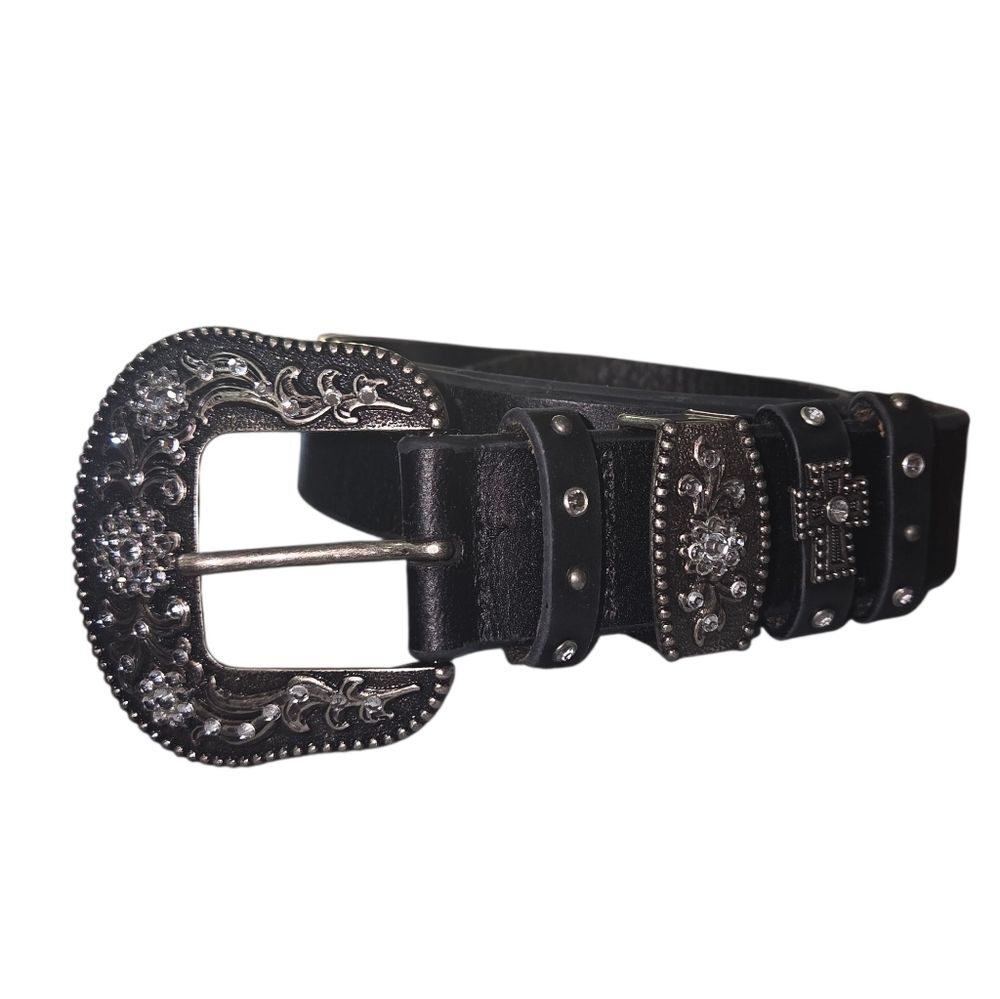 Black Leather Western Belt with Silver Rhinstone Embellished Buckle Size Large